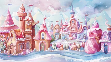 Delightful candy village in pastels, with fantastical architecture, for magical storytelling and enchanting backgrounds.