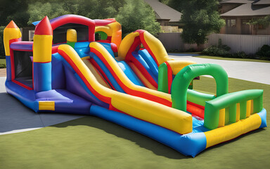 Inflatable bounce house water slide in a backyard. Colorful bouncy castle slide for children playground