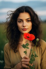 Naklejka premium Portrait of a woman in a poppy field. Vertical photo. Generative AI.