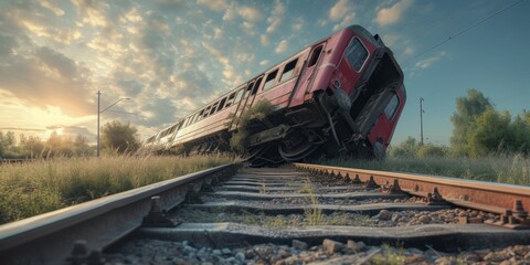Accident on the railway tracks, the train went off the rails, tragedy, Generative AI. - obrazy, fototapety, plakaty