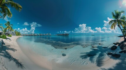 An ultra-wide panorama of a tropical paradise, showcasing a white-sand beach, a turquoise lagoon, palm trees swaying in the breeze - obrazy, fototapety, plakaty