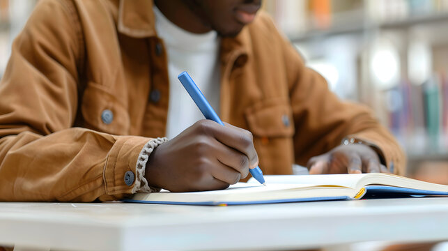 A black man writing on paper with a pen at a white table in a library