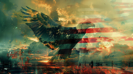 double exposure of the American flag and bald eagle. Perfect for Patriot Day. copy space - obrazy, fototapety, plakaty