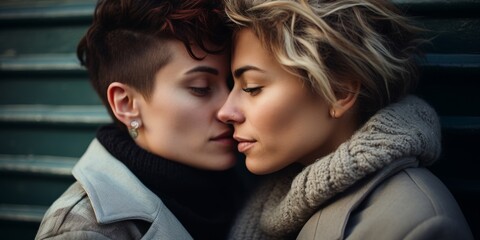 Young lesbian couple touches foreheads to each other closeup. Generative AI. - obrazy, fototapety, plakaty