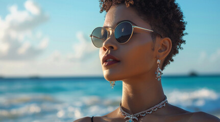 african american beautiful model in the style of Visionary Environment, sunglasses on, short pixie haircut, crystal beach jewelry - Powered by Adobe