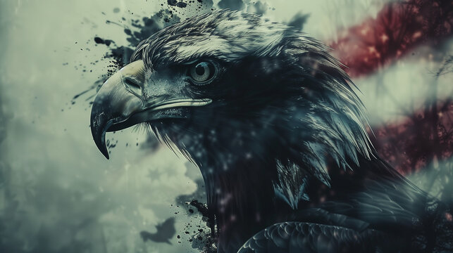 double exposure of the American flag and bald eagle. Perfect for Patriot Day. copy space