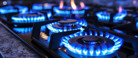 Take a closer peek at the gas cooker, its mesmerizing blue flame dancing gracefully as it brings culinary creations to life in the kitchen. - obrazy, fototapety, plakaty