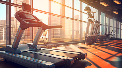 Vector illustration of modern gym interior with fitness equipment with a large window with the sunrise view