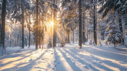 Sun Sunshine Sunlight Through Frosted Pine Trees Frozen Trunks Woods In Winter Snowy Coniferous Forest Landscape.