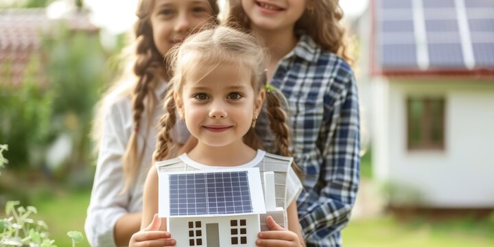A girl holds in her hands a model of a house with a solar panel. Alternative energy sustainability concept. Generative AI.