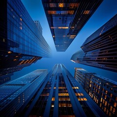Fototapeta na wymiar A mesmerizing upward view of towering skyscrapers converging into the sky, showcasing a play of light and geometry against a deep blue backdrop.
