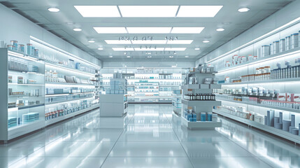 Naklejka na ściany i meble Modern Pharmacy Interior, Minimalist and Well-Organized Pharmacy Shop