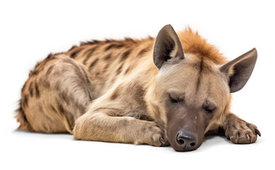 Fototapeta premium Sleeping hyena resting on the ground, isolated background