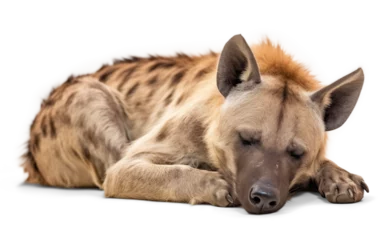Photo sur Plexiglas Hyène Sleeping hyena resting on the ground, isolated background
