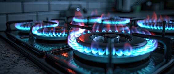 Explore the intricate details of the gas cooker, its brilliant blue flame adding ambiance to the kitchen interior as delicious dishes are prepared. - obrazy, fototapety, plakaty