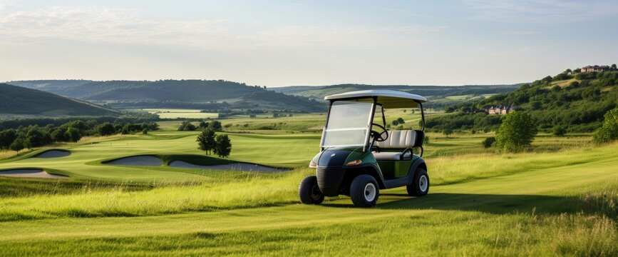 Cruise along the manicured fairways of a breathtaking golf course in a golf cart, soaking in the serene surroundings.