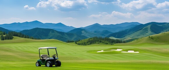 Enjoy a leisurely ride through a gorgeous golf course on a golf cart, taking in the tranquil scenery and pristine greens. - obrazy, fototapety, plakaty