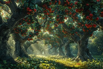 Craft an image of a tranquil grove where ripe figs hang from ancient trees, waiting to be savored
