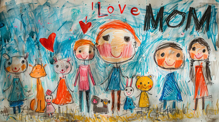 Mother's Day. A greeting card in the style of children's drawing "I love mom". 