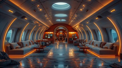 A futuristic space station with a long hallway and many windows