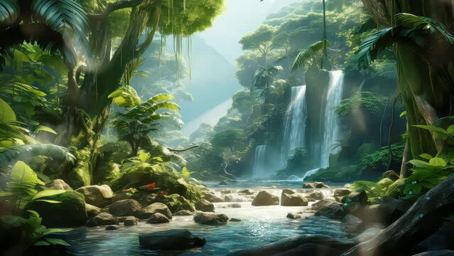 Animation natural waterfalls and rivers in the green forests seamless 4k video background. generated with ai