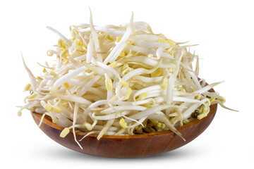 Fresh mung bean sprouts in a wooden bowl isolated on white background