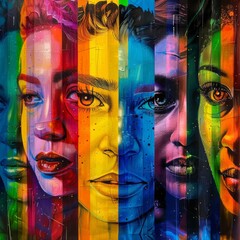 A vibrant collage showcasing diverse faces illuminated in a rainbow of colors, symbolizing unity in diversity and the beauty of human connection.