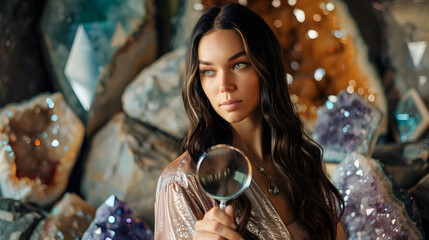 A female jeweler with long hair and a magnifying eyepiece stands against a gemstone background