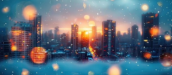 Ethereal Twilight Glow SnowCovered City Skyline Basks in Bokeh Sunsets Warm Radiance