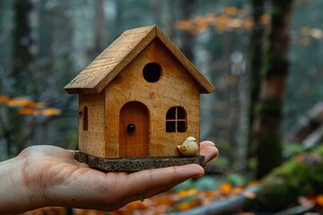 A person presents a small wooden birdhouse, symbolizing concepts like home and security, amidst a blurred forest backdrop