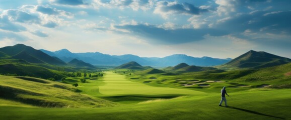 Experience the tranquility of a verdant golf course, its emerald green fields stretching beneath the clear blue sky, framed by towering trees.