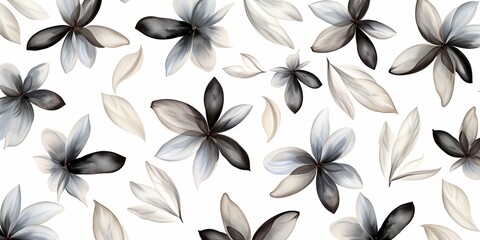Black flower petals and leaves on white background seamless watercolor pattern spring floral backdrop - obrazy, fototapety, plakaty