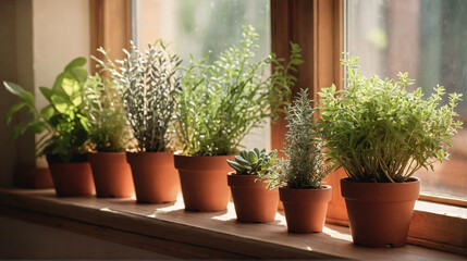Different fresh herbs like rosemary, thyme, basil growing in terracotta pots on window sill in kitchen. Home herbarium