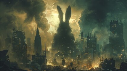A massive bunny towers over destroyed cities, casting a shadow over the apocalyptic landscape. A surreal and haunting image of devastation.