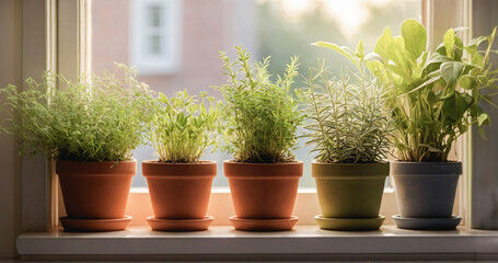 Fototapeta na wymiar Different fresh herbs like rosemary, thyme, basil growing in terracotta pots on window sill in kitchen. Home herbarium