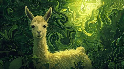 A glowing baby llama stands in a dreamy tropical jungle, its coat blending with avocado greens, exuding innocence and wonder in a serene setting. - obrazy, fototapety, plakaty
