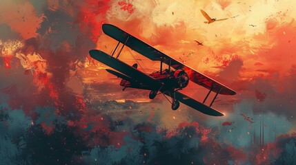 A biplane emerges from business struggles, soaring upward with growth charts, guided by a Nightingale in a twilight realm. - obrazy, fototapety, plakaty