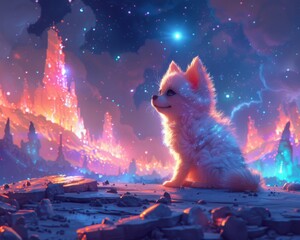 A Pomeranian cyborg puppy roams dreamlike landscapes, blending technology with mysticism. 2D illustration on canvas, with a hint of raw artistic style.