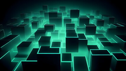 Abstract 3D Geometric neon lights green cubes on dark background