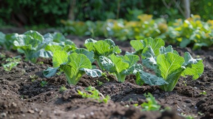 Beds with young cabbage. The ovary of cabbage. Vegetables grow in the garden. Young green cabbage on the garden bed in the summer. Green leaves.