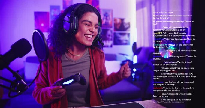 Live streaming, gamer and girl with comments win for online competition, subscription or gaming chat. Influencer, content creator and excited person with fan feedback for podcast, vlog or video game