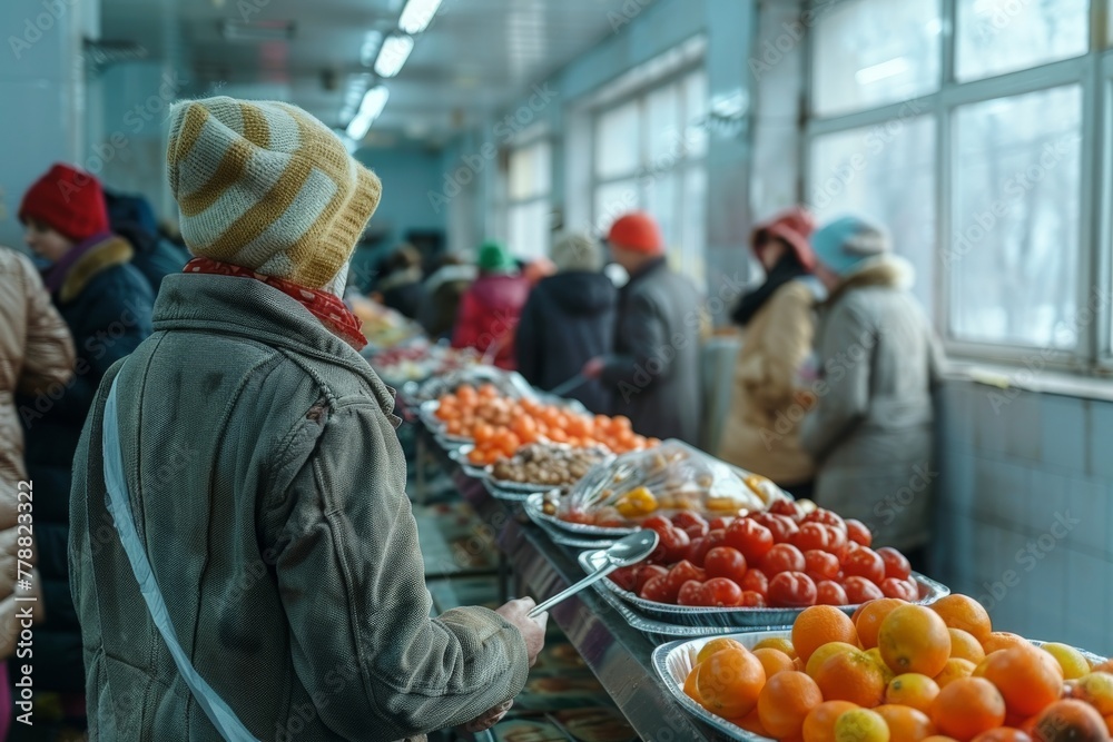 Wall mural a shopper in winter attire carefully selects fresh fruits from a market stall, amidst other buyers