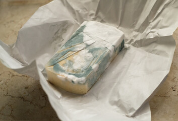 
a spoiled piece of blue cheese lying on a sheet of paper