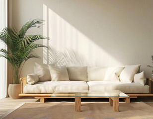 Template of modern minimalist living room with wooden sofa in beige color. Interior mockup with clean walls for pictures, posters, paintings, sculptures, and other wall art.