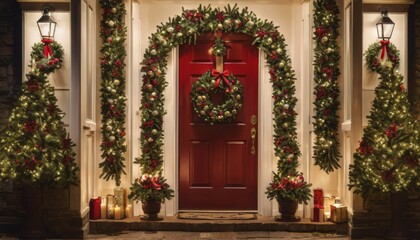 A festive Christmas doorway, beautifully adorned with wreaths, garlands, and candles, welcoming the holiday spirit.