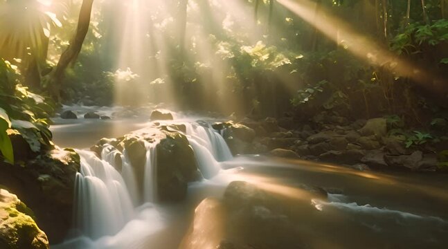 Amazing waterfall hidden in tropical rainforest jungle in the rays of the rising sun