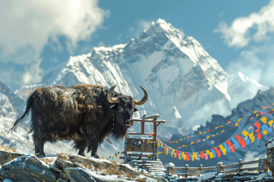 A yak in the Himalayan mountains, snowy mountains in the background 