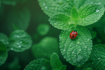 A lone ladybug, poised on a dewy leaf, stands out amidst the vibrant green foliage