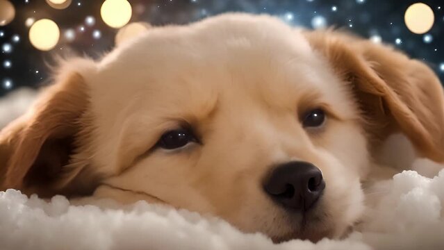 A little puppy sleeps peacefully on a soft cloud, surrounded by the starry sky that gently embraces him.