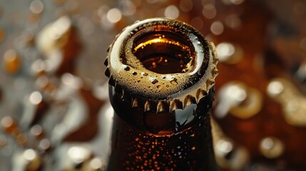 Opening of cold beer bottle - gas output and bottle cap in the air. - obrazy, fototapety, plakaty